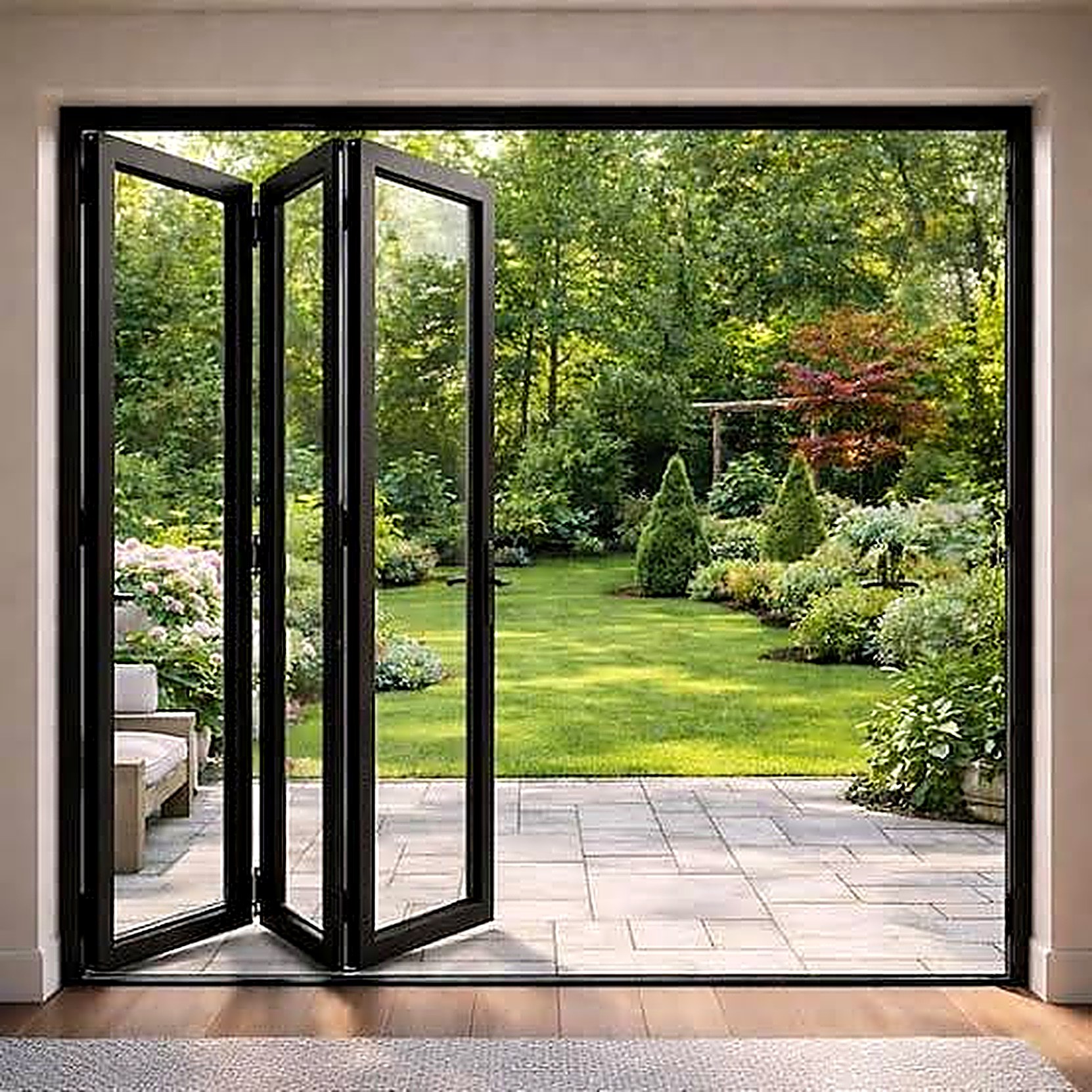 Bifold folding patio doors opened to a garden
