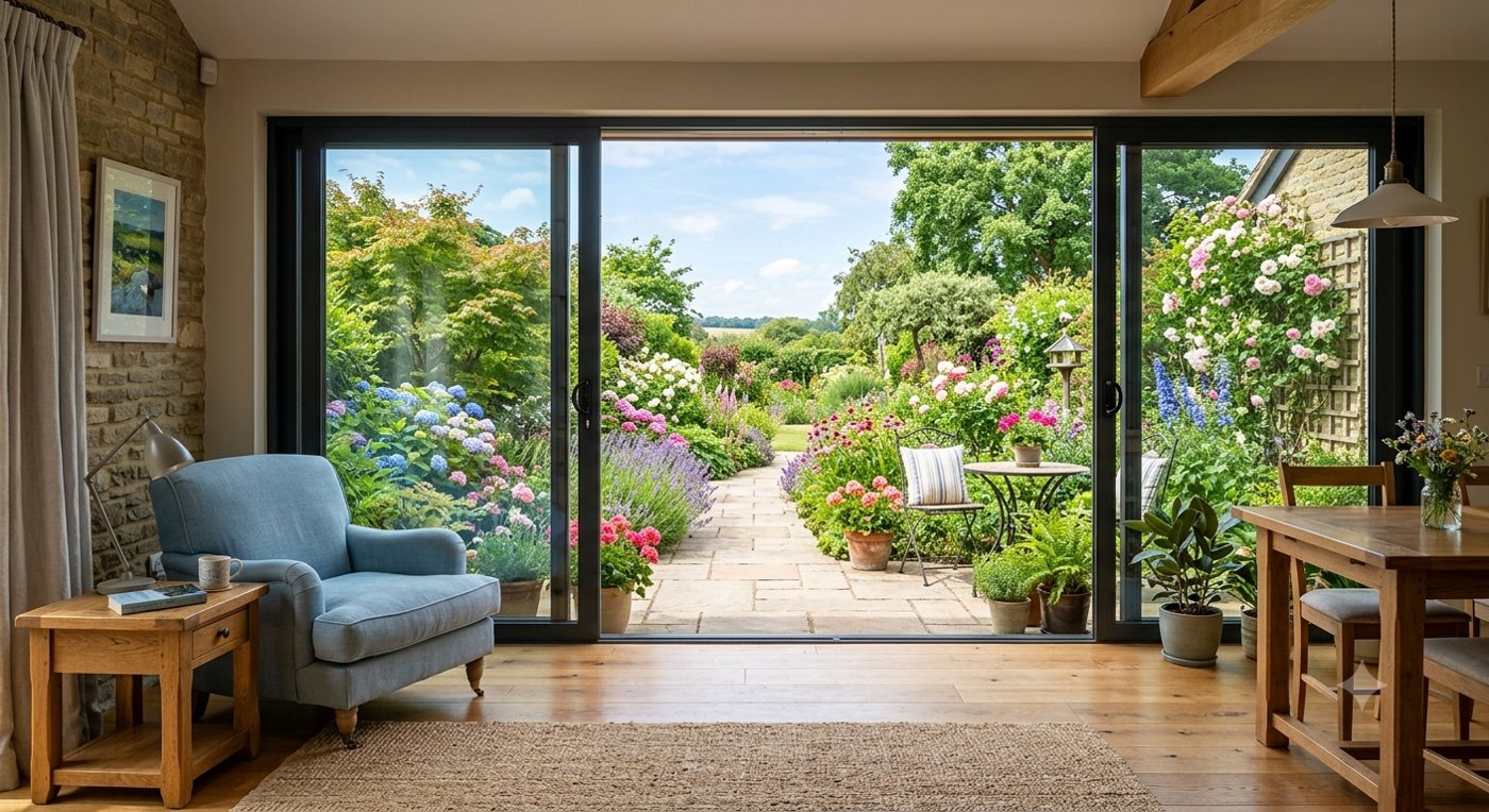 Sliding patio doors opening from a living room to a garden