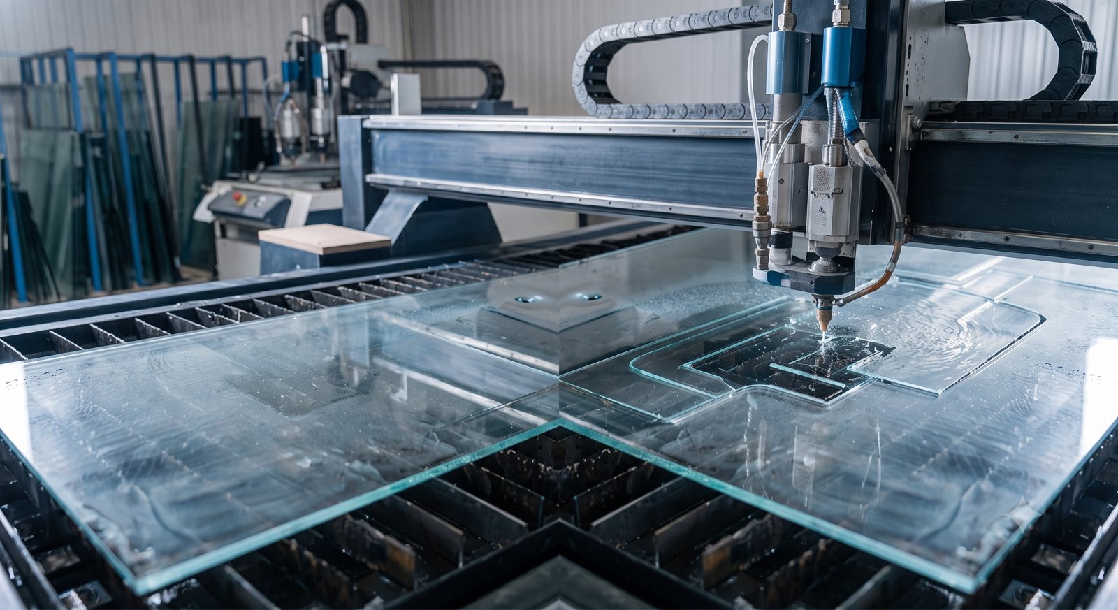 Glass panel being precision-cut on a CNC waterjet at the ProForm workshop